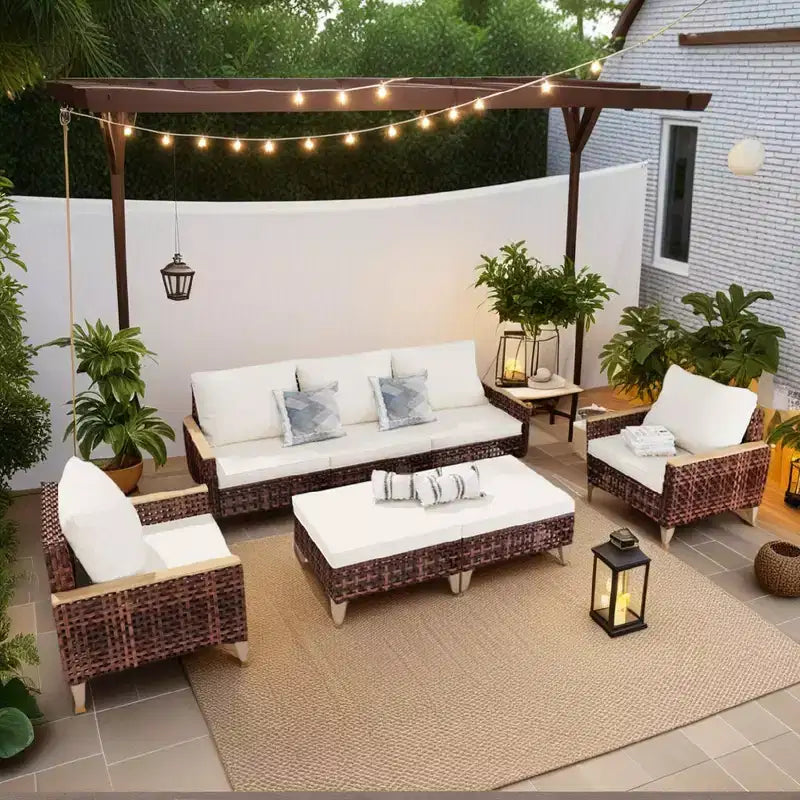 Whisen Patio 5 Pieces Outdoor Sofa Set, 7-Person Patio Garden Rattan Conversation Seating Set with Soft Cushions - White
