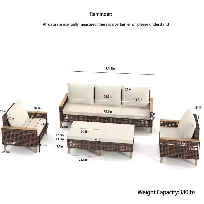 Whisen loungeset voor buiten, 5-delig, voor 7 personen, van rotan voor terras en tuin, met zachte kussens – wit