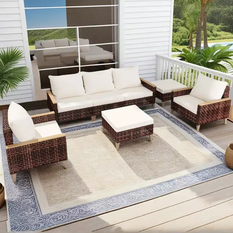 Whisen loungeset voor buiten, 5-delig, voor 7 personen, van rotan voor terras en tuin, met zachte kussens – wit