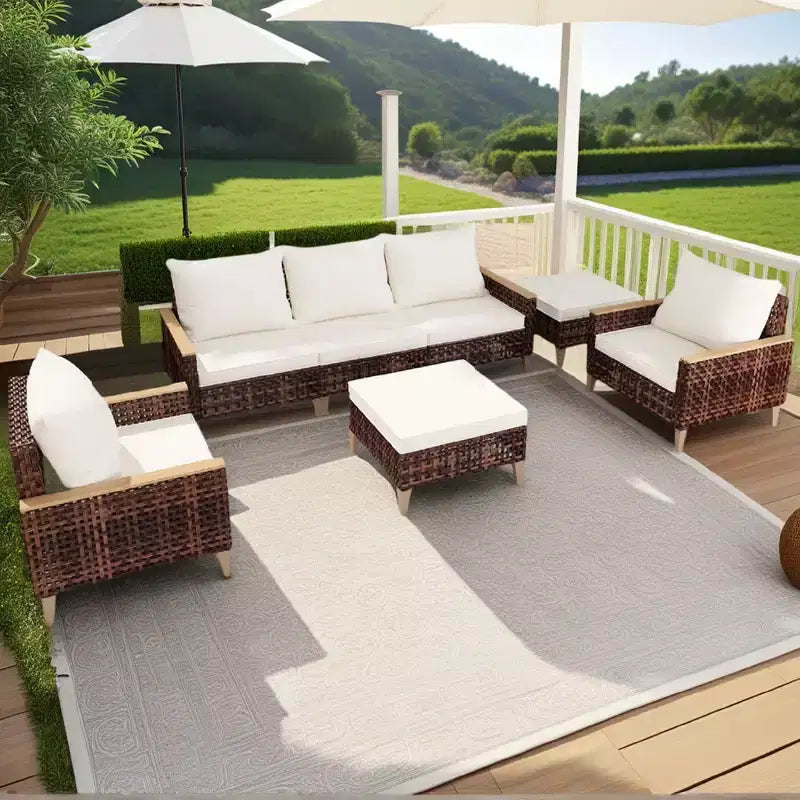 Whisen loungeset voor buiten, 5-delig, voor 7 personen, van rotan voor terras en tuin, met zachte kussens – wit