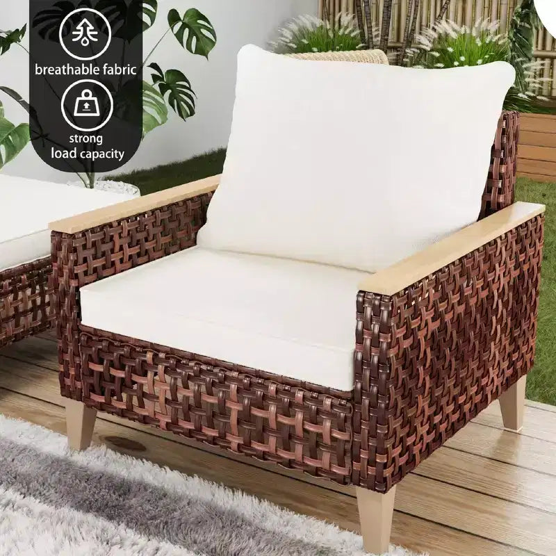 Whisen loungeset voor buiten, 5-delig, voor 7 personen, van rotan voor terras en tuin, met zachte kussens – wit