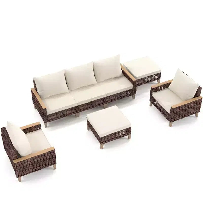 Whisen loungeset voor buiten, 5-delig, voor 7 personen, van rotan voor terras en tuin, met zachte kussens – wit