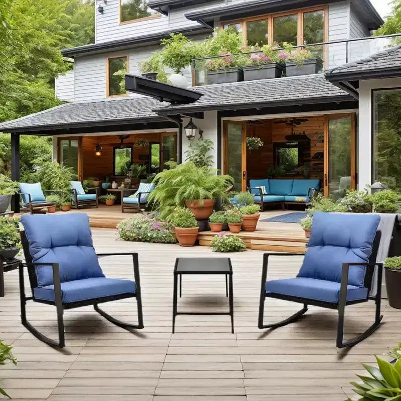 Whisen 3-Piece Outdoor Patio Bistro Rocking Chair, Garden Rocking Conversation Set with Cushion and 1 Table - Blue