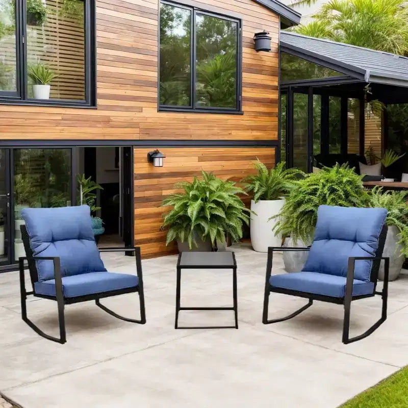 Whisen driedelige bistroset voor buiten met schommelstoelen, tuinset met schommelstoelen, kussen en 1 tafel - blauw