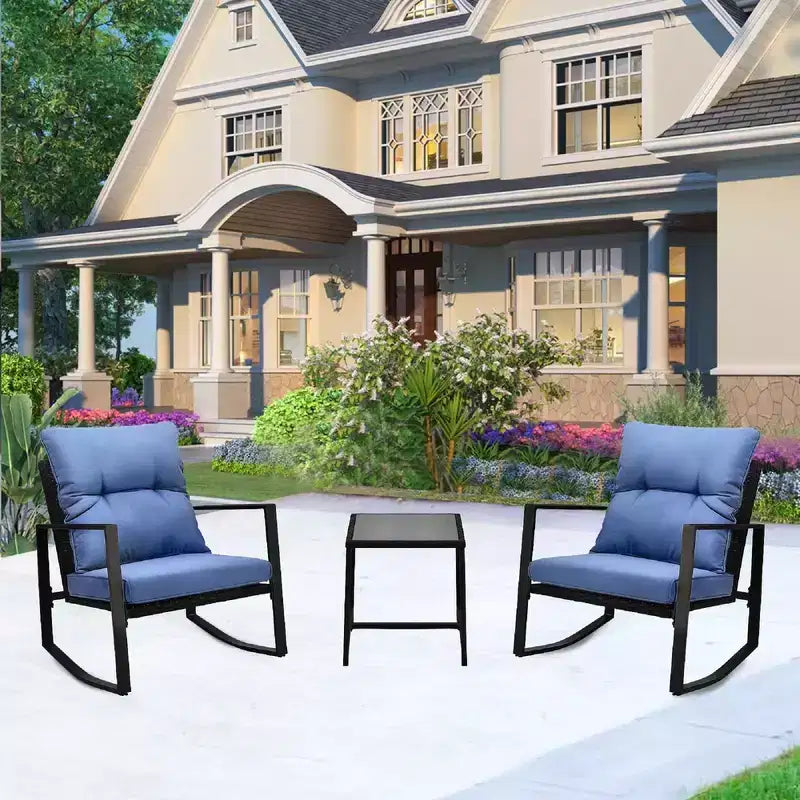 Whisen driedelige bistroset voor buiten met schommelstoelen, tuinset met schommelstoelen, kussen en 1 tafel - blauw