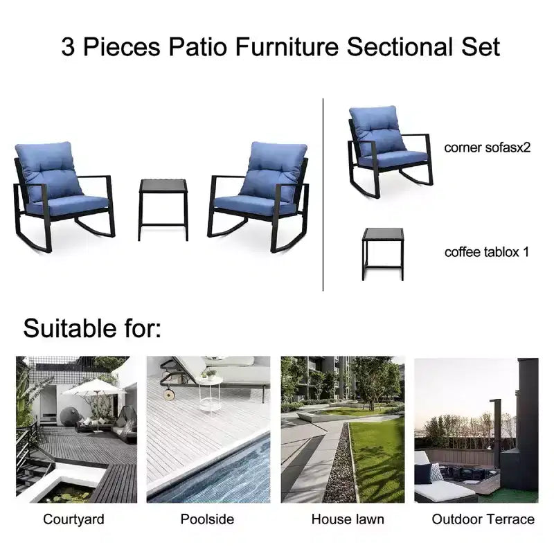 Whisen driedelige bistroset voor buiten met schommelstoelen, tuinset met schommelstoelen, kussen en 1 tafel - blauw