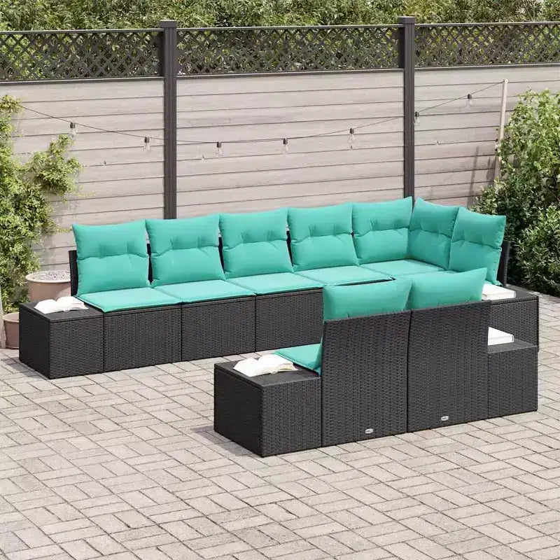 vidaXL 8 részes kerti kanapégarnitúra, fekete és türkiz, 319 x 154 x 85 cm – fekete és türkiz, asztal nélkül