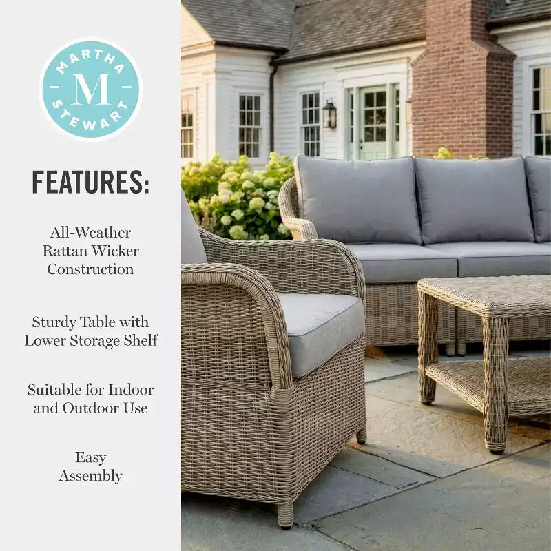 Martha Stewart weerbestendige rotan loungeset voor terras, 2 stoelen en salontafel – verweerd grijs
