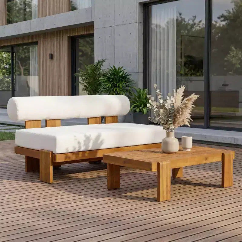 Christopher Knight Home Ishaan moderne 2-delige set voor het terras met gestoffeerde acaciahouten tweezitsbank en salontafel met lattenblad