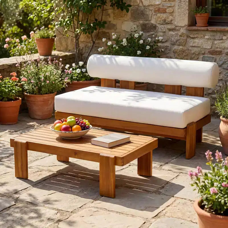 Christopher Knight Home Ishaan Modern 2 Piece Acacia Upholstered Patio Loveseat and Slatted Coffee Table Set