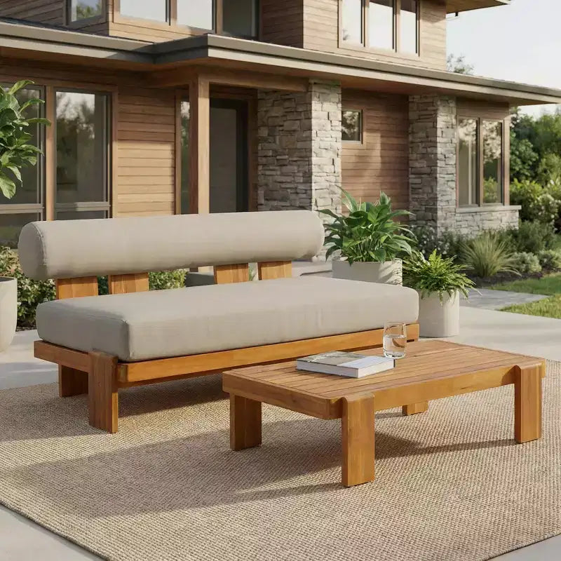 Christopher Knight Home Ishaan modern, 2 részes akácfa, kárpitozott teraszos kétszemélyes kanapé- és léces dohányzóasztal-garnitúra