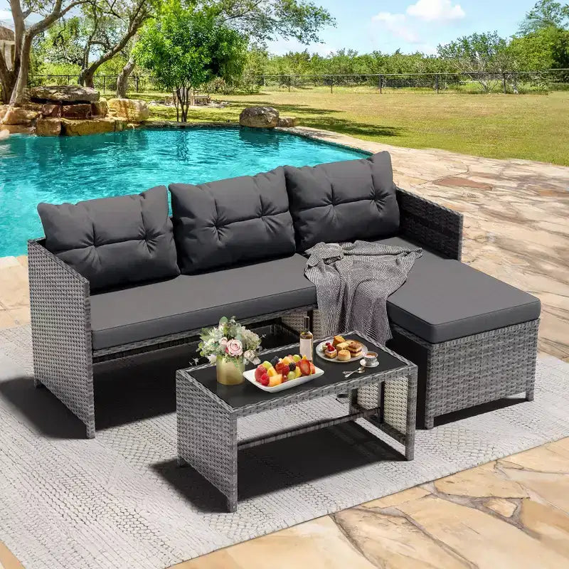 Sofá seccional de ratán para patio exterior de 3 piezas Celebalcony, en forma de L, con cojín y mesa de vidrio para balcón o jardín