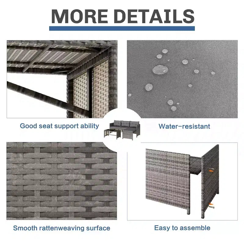 Sofá seccional de ratán para patio exterior de 3 piezas Celebalcony, en forma de L, con cojín y mesa de vidrio para balcón o jardín