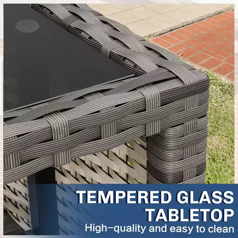 Sofá seccional de ratán para patio exterior de 3 piezas Celebalcony, en forma de L, con cojín y mesa de vidrio para balcón o jardín