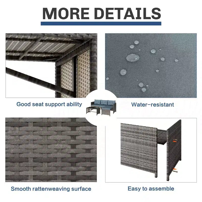 Sofá seccional de ratán para patio exterior de 3 piezas Celebalcony, en forma de L, con cojín y mesa de vidrio para balcón o jardín