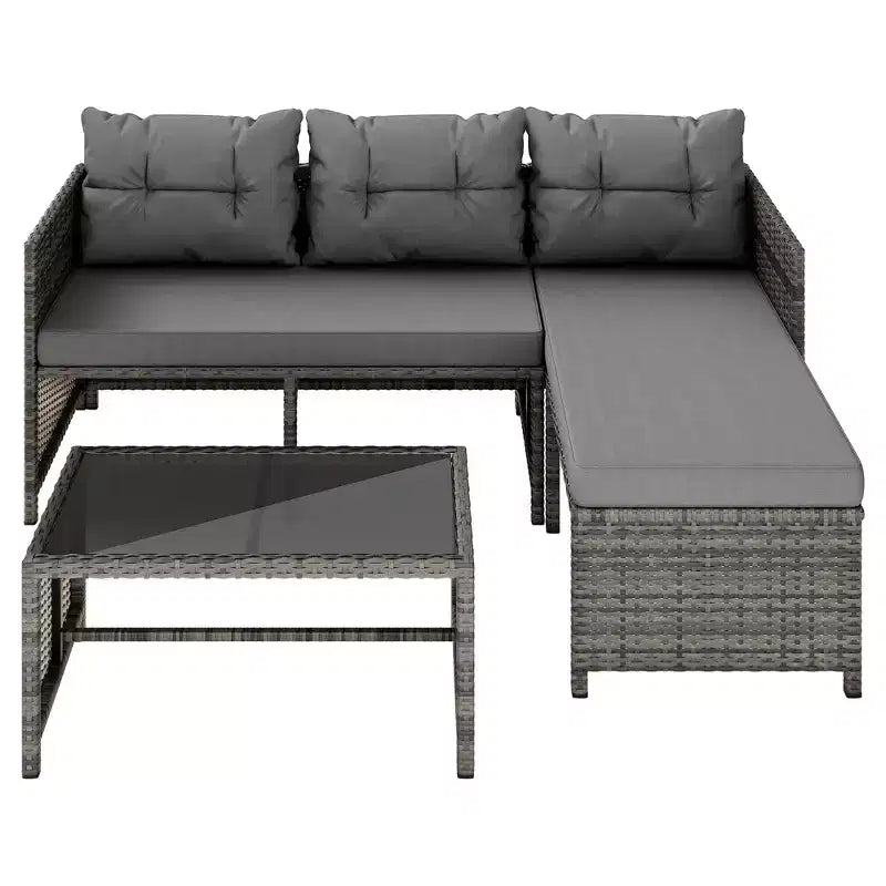 Sofá seccional de ratán para patio exterior de 3 piezas Celebalcony, en forma de L, con cojín y mesa de vidrio para balcón o jardín