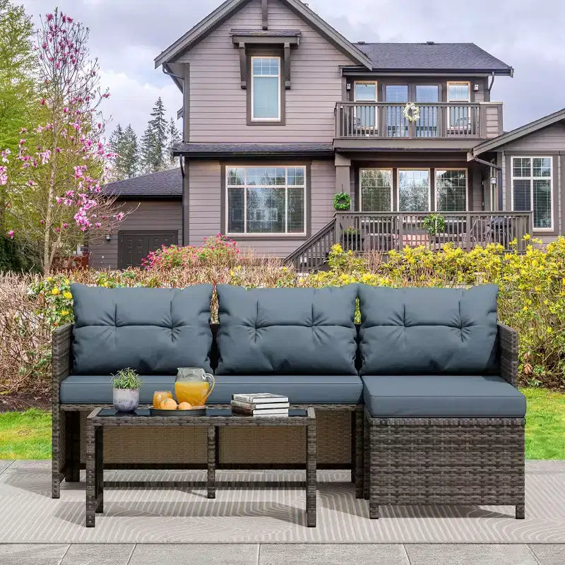 Celebalcony Outdoor Patio Furniture 3-Piece Rattan Outdoor Sectional SofaL Shaped Patio Couch with Cushion Glass Table for Balcony, Garden