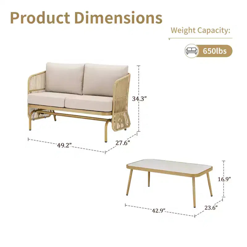 Conjunto de conversación GDFStudio Lucas para exteriores, con sofá biplaza deslizante de mimbre, mesa de centro y cojines
