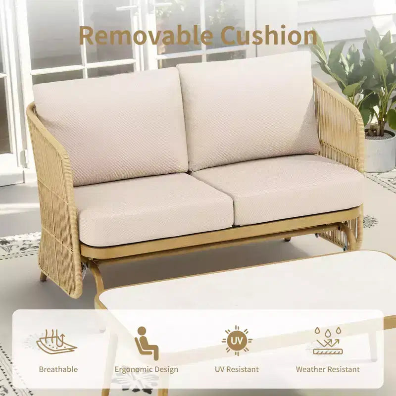 Conjunto de conversación GDFStudio Lucas para exteriores, con sofá biplaza deslizante de mimbre, mesa de centro y cojines