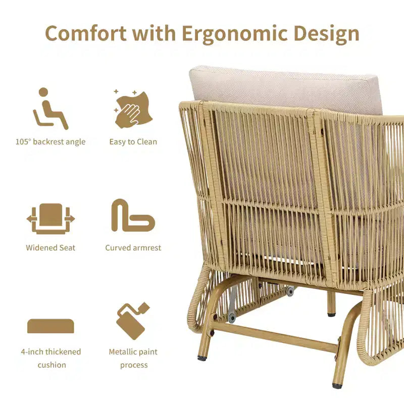 Conjunto de conversación GDFStudio Lucas para exteriores, con sofá biplaza deslizante de mimbre, mesa de centro y cojines