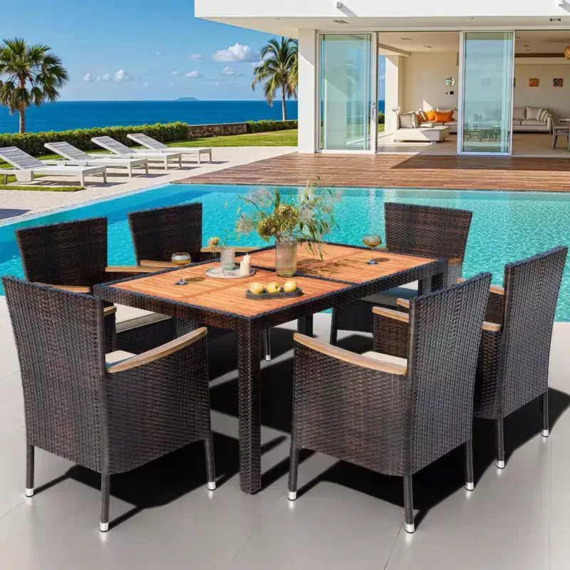Celebalcony 7 Piece Patio Dining Set,Wicker Patio Conversation Set with Wooden Table Top,Outdoor Table and Chairs for Backyard and Garden