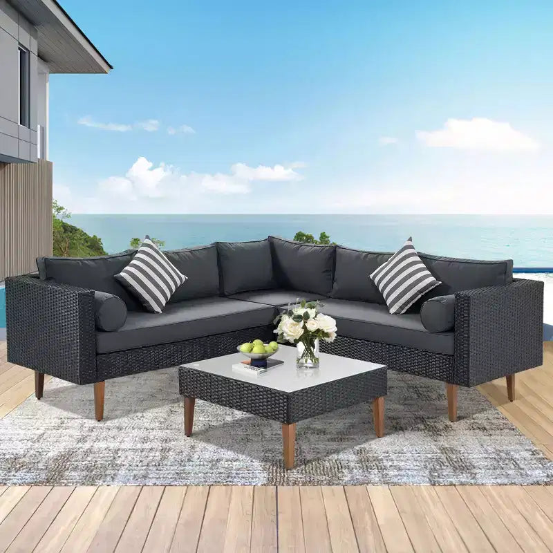 Set GDFStudio Landon moderno da patio in vimini, composto da divano a L da 4 pezzi per conversazione, tavolo e cuscini