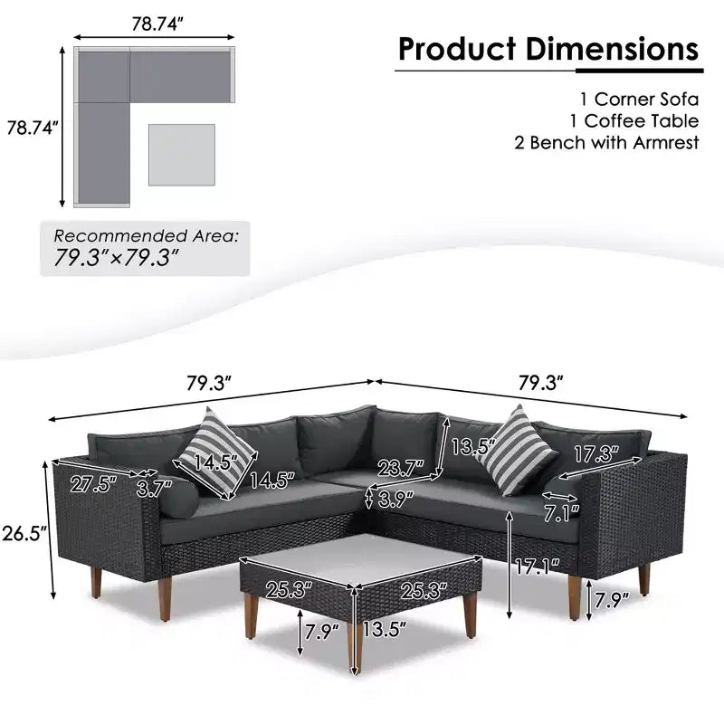 Set GDFStudio Landon moderno da patio in vimini, composto da divano a L da 4 pezzi per conversazione, tavolo e cuscini