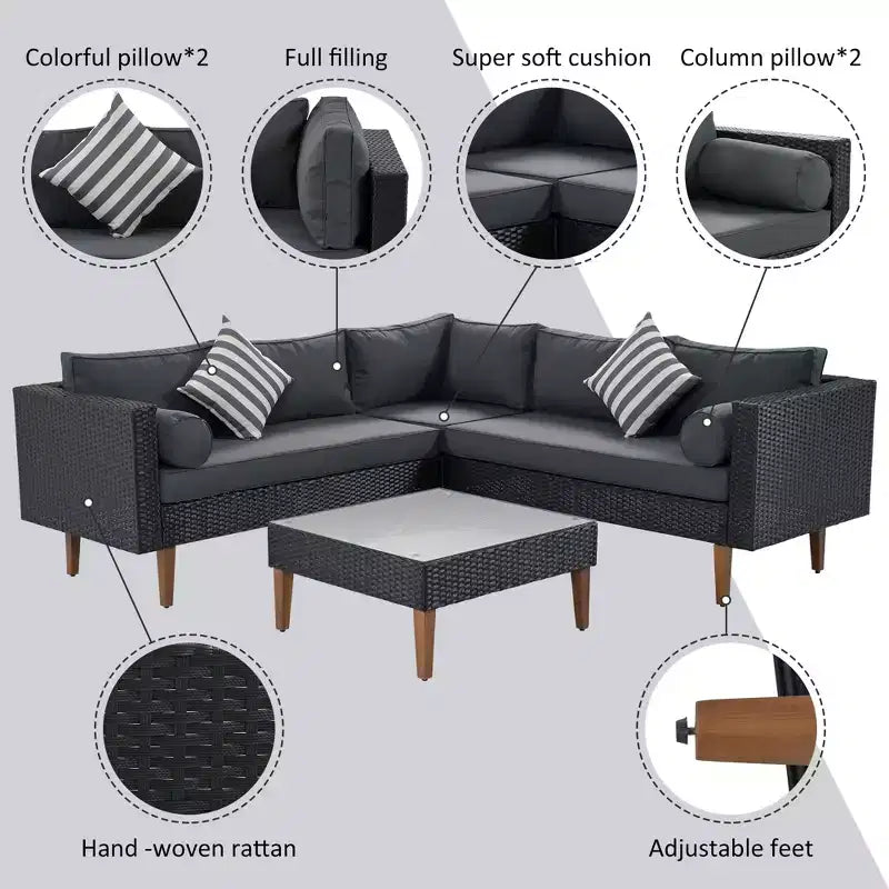 Set GDFStudio Landon moderno da patio in vimini, composto da divano a L da 4 pezzi per conversazione, tavolo e cuscini