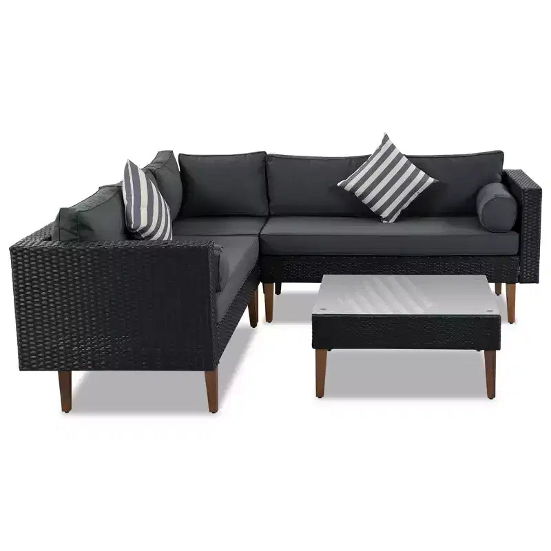 Set GDFStudio Landon moderno da patio in vimini, composto da divano a L da 4 pezzi per conversazione, tavolo e cuscini