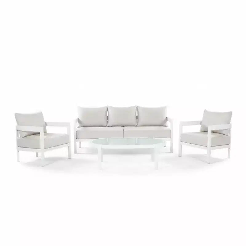 Christopher Knight Home Daniela moderne 4-delige aluminium terrasmeubelset met gebogen rugleuning, kussen en tafelblad van gehard glas