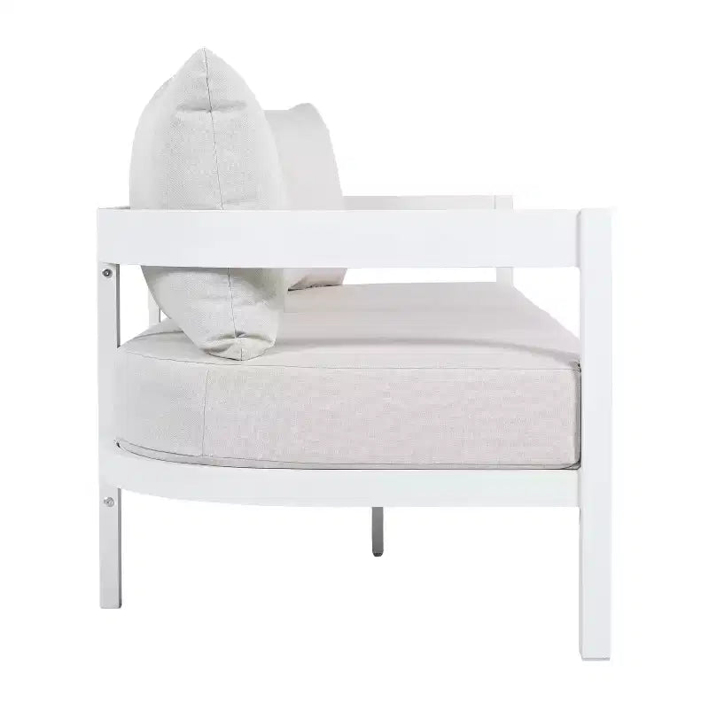 Christopher Knight Home Daniela moderne 4-delige aluminium terrasmeubelset met gebogen rugleuning, kussen en tafelblad van gehard glas
