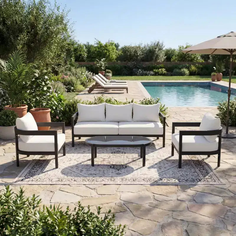 Christopher Knight Home Daniela Modern 4 Piece Aluminium Patio Seating Set with Curved Backrest, Cushion and Tempered Glass Top