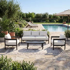 Christopher Knight Home Daniela Modern 4 Piece Aluminium Patio Seating Set with Curved Backrest, Cushion and Tempered Glass Top
