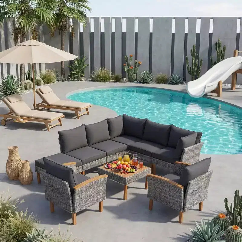 Whisen 9-Piece Patio Wicker Sectional Sofa Set, Outdoor Sofa Couch, Outdoor Conversation Set Furniture Set with Coffee Table, Washable Cushion - Gray