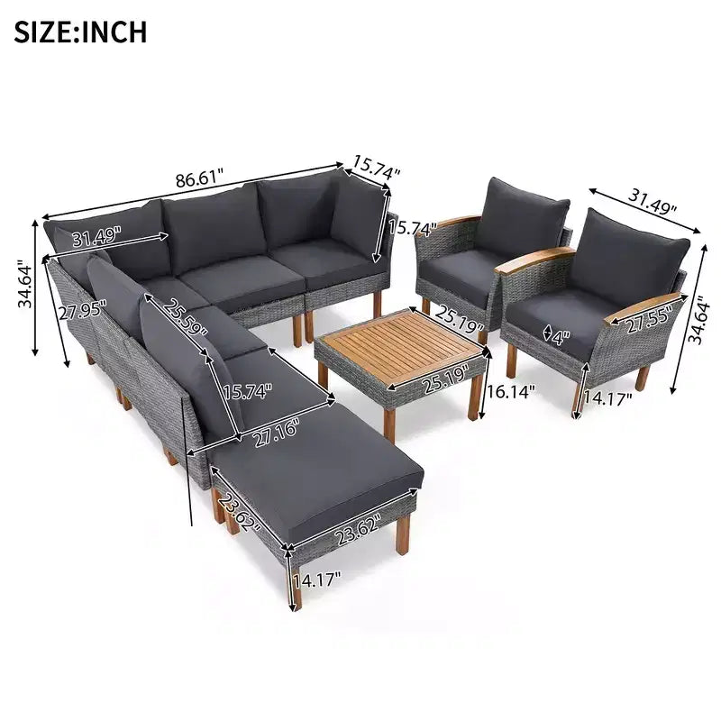 Whisen Ensemble de canapé modulaire d’extérieur en osier de 9 pièces, canapé de jardin, ensemble de mobilier de conversation avec table basse et coussins lavables – gris