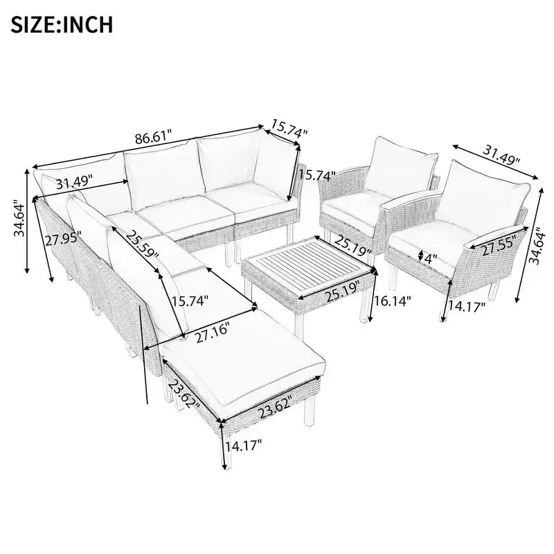 Whisen Ensemble de canapé modulaire d’extérieur en osier de 9 pièces, canapé de jardin, ensemble de mobilier de conversation avec table basse et coussins lavables – gris