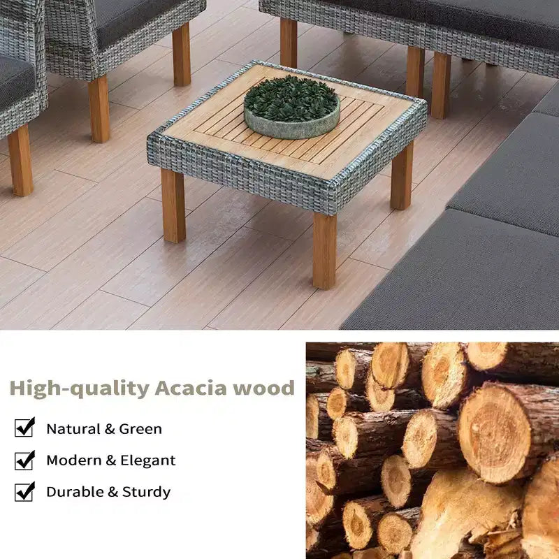 Whisen Ensemble de canapé modulaire d’extérieur en osier de 9 pièces, canapé de jardin, ensemble de mobilier de conversation avec table basse et coussins lavables – gris