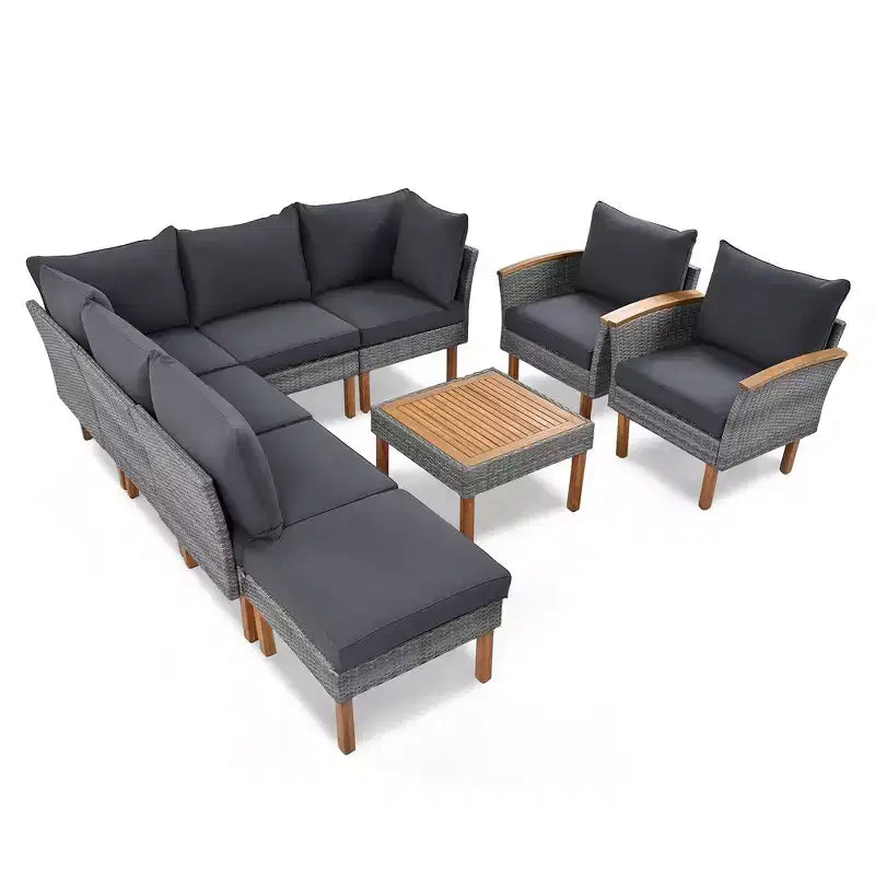 Whisen Ensemble de canapé modulaire d’extérieur en osier de 9 pièces, canapé de jardin, ensemble de mobilier de conversation avec table basse et coussins lavables – gris