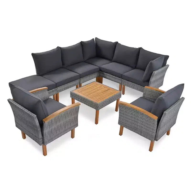 Whisen Ensemble de canapé modulaire d’extérieur en osier de 9 pièces, canapé de jardin, ensemble de mobilier de conversation avec table basse et coussins lavables – gris