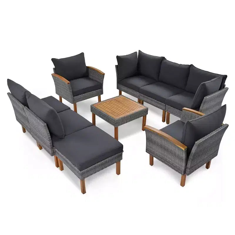 Whisen Ensemble de canapé modulaire d’extérieur en osier de 9 pièces, canapé de jardin, ensemble de mobilier de conversation avec table basse et coussins lavables – gris