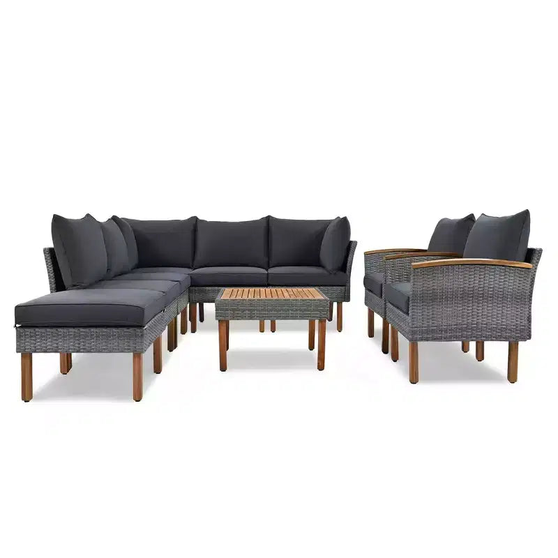 Whisen Ensemble de canapé modulaire d’extérieur en osier de 9 pièces, canapé de jardin, ensemble de mobilier de conversation avec table basse et coussins lavables – gris