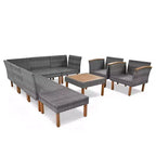 Whisen Ensemble de canapé modulaire d’extérieur en osier de 9 pièces, canapé de jardin, ensemble de mobilier de conversation avec table basse et coussins lavables – gris