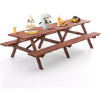 Zevemomo 10-12 Person Outdoor Wood Picnic Table Set with Umbrella Hole, 2 Built-in Long Benches, 95-Inch, for Gardens, Yards, Brown