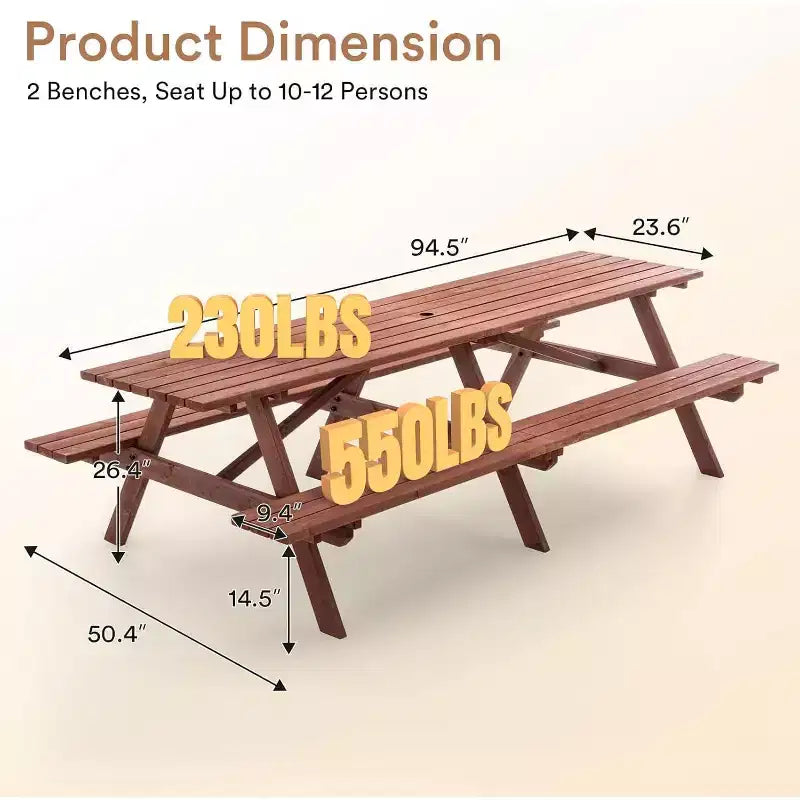 Ensemble de table de pique-nique d’extérieur en bois Zevemomo pour 10 à 12 personnes, avec trou pour parasol et 2 longs bancs intégrés, 95 pouces, pour jardins et cours, marron