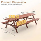 Ensemble de table de pique-nique d’extérieur en bois Zevemomo pour 10 à 12 personnes, avec trou pour parasol et 2 longs bancs intégrés, 95 pouces, pour jardins et cours, marron