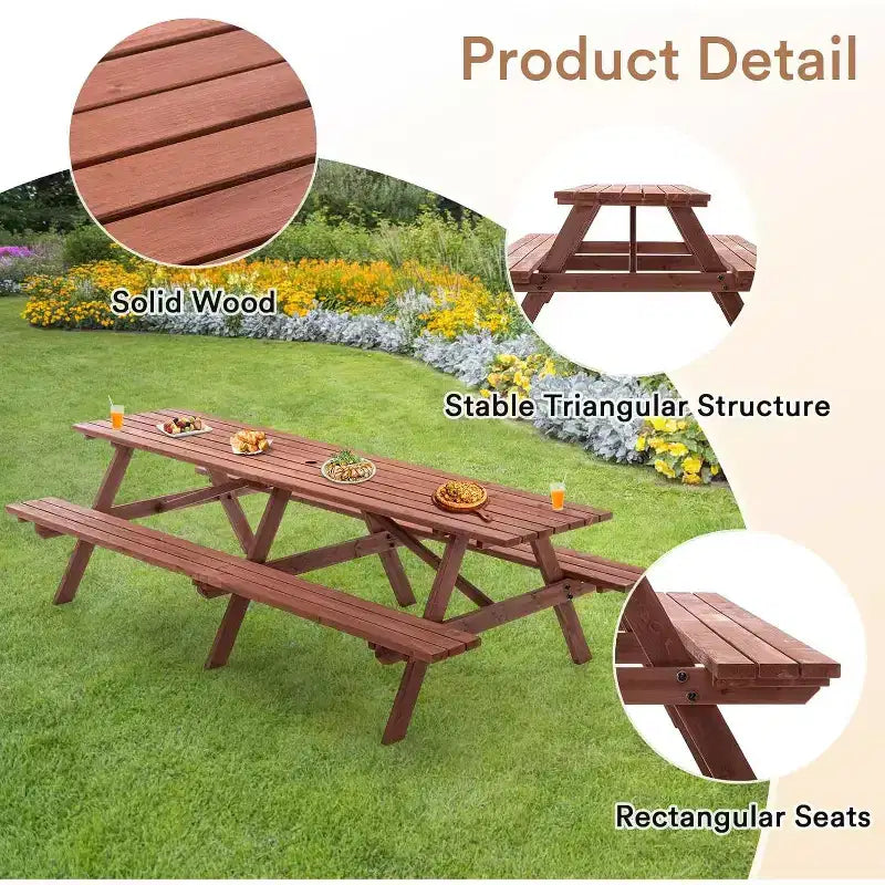 Ensemble de table de pique-nique d’extérieur en bois Zevemomo pour 10 à 12 personnes, avec trou pour parasol et 2 longs bancs intégrés, 95 pouces, pour jardins et cours, marron
