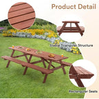 Ensemble de table de pique-nique d’extérieur en bois Zevemomo pour 10 à 12 personnes, avec trou pour parasol et 2 longs bancs intégrés, 95 pouces, pour jardins et cours, marron