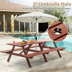 Ensemble de table de pique-nique d’extérieur en bois Zevemomo pour 10 à 12 personnes, avec trou pour parasol et 2 longs bancs intégrés, 95 pouces, pour jardins et cours, marron
