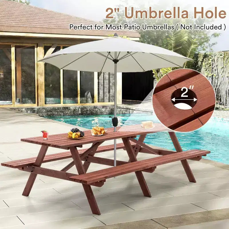 Ensemble de table de pique-nique d’extérieur en bois Zevemomo pour 10 à 12 personnes, avec trou pour parasol et 2 longs bancs intégrés, 95 pouces, pour jardins et cours, marron