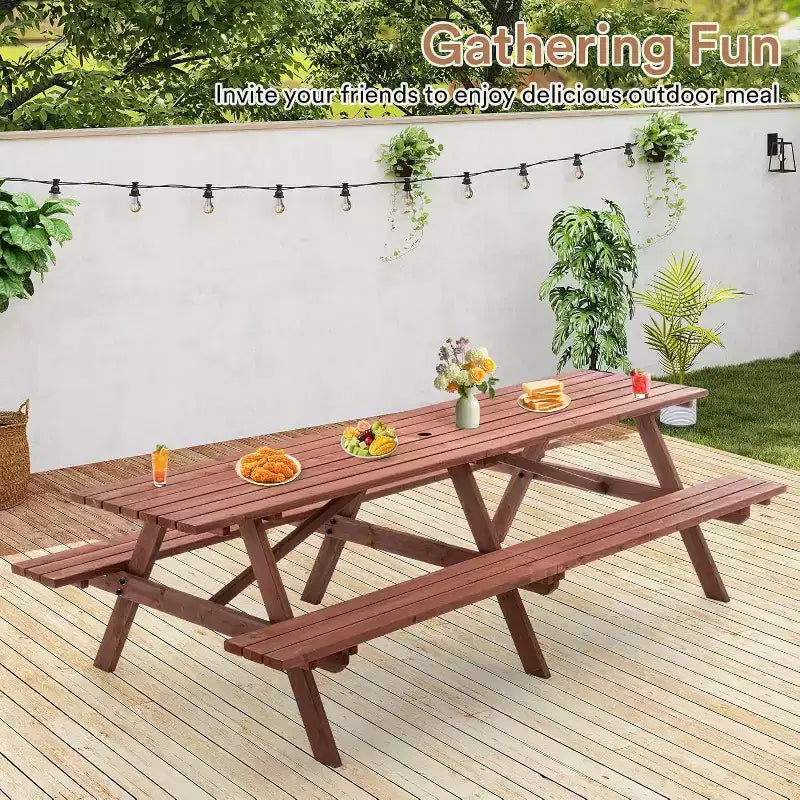 Ensemble de table de pique-nique d’extérieur en bois Zevemomo pour 10 à 12 personnes, avec trou pour parasol et 2 longs bancs intégrés, 95 pouces, pour jardins et cours, marron